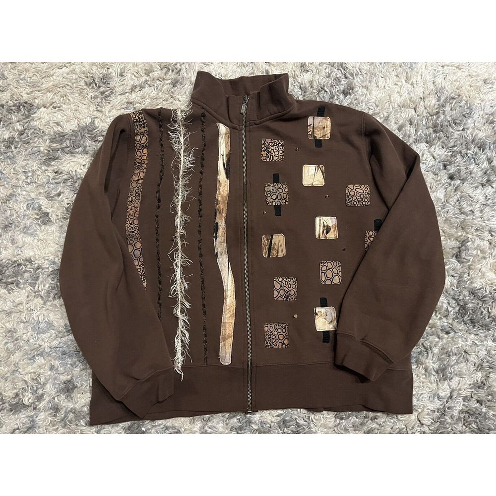 Enza Brown Full Zip Sweater Sz XL Animal Print Tribal